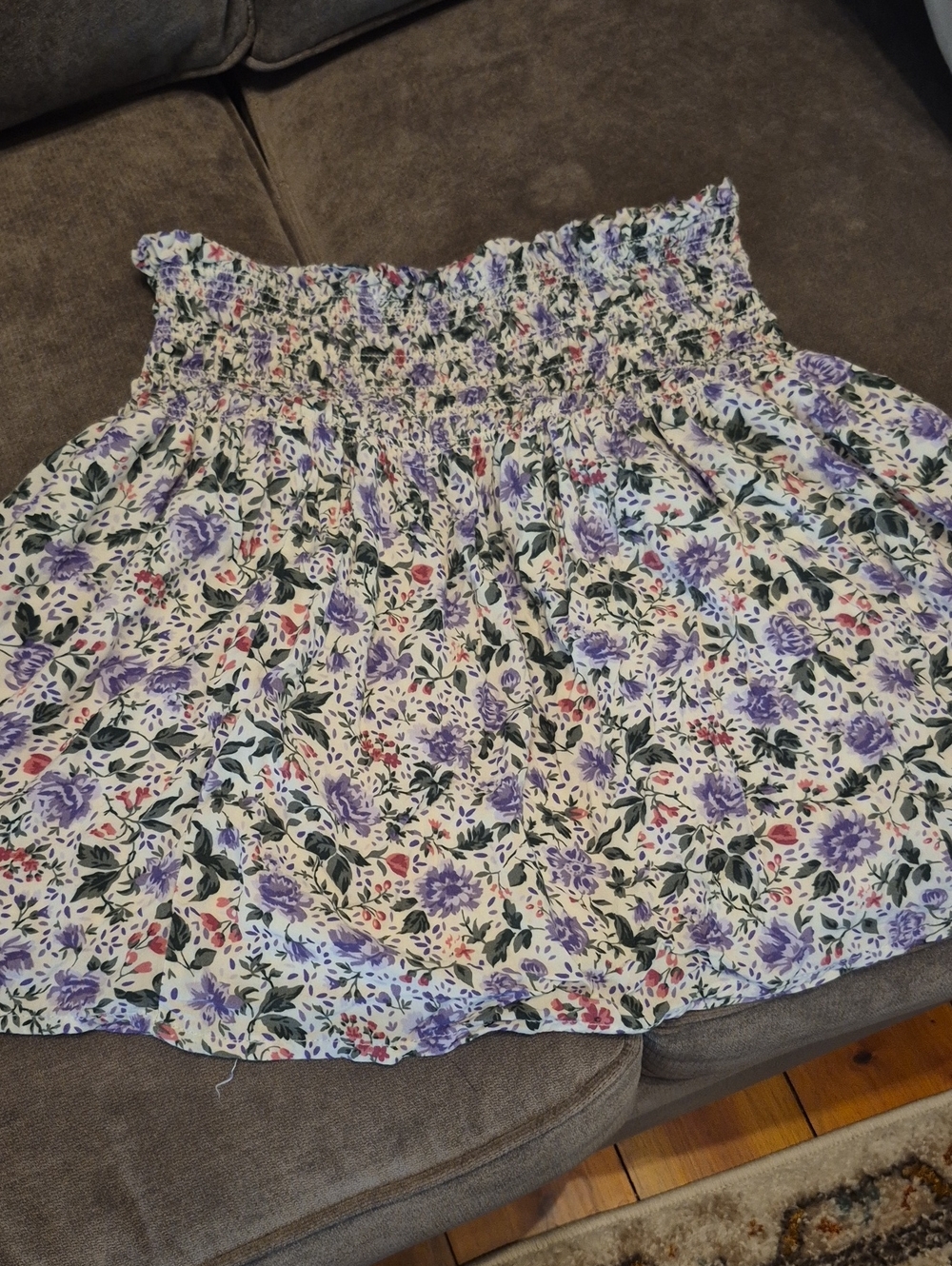 Celebrity Pink Cream Floral Smocked Mini Skirt with Purple Flowers